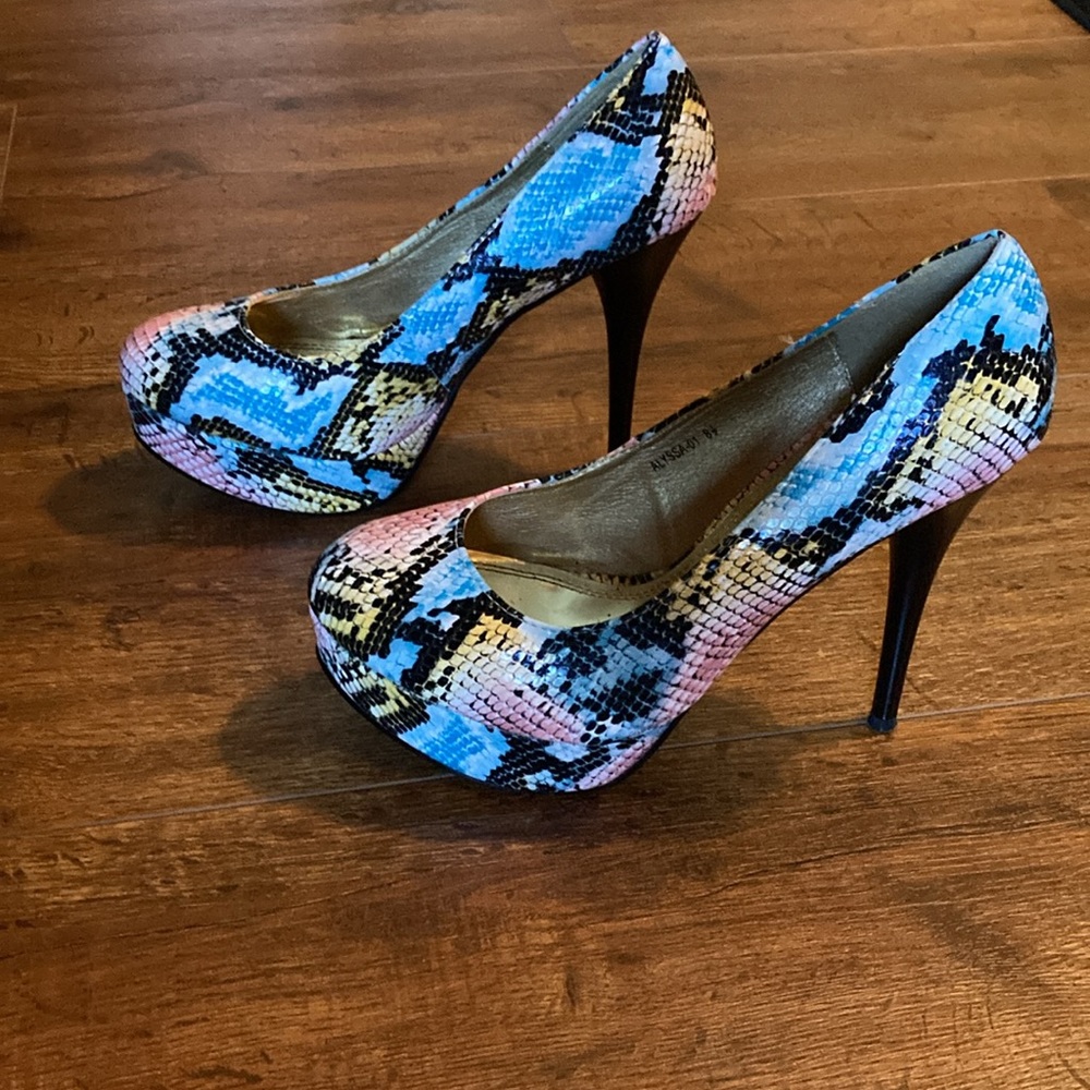 Multicolored Snakeskin Pumps